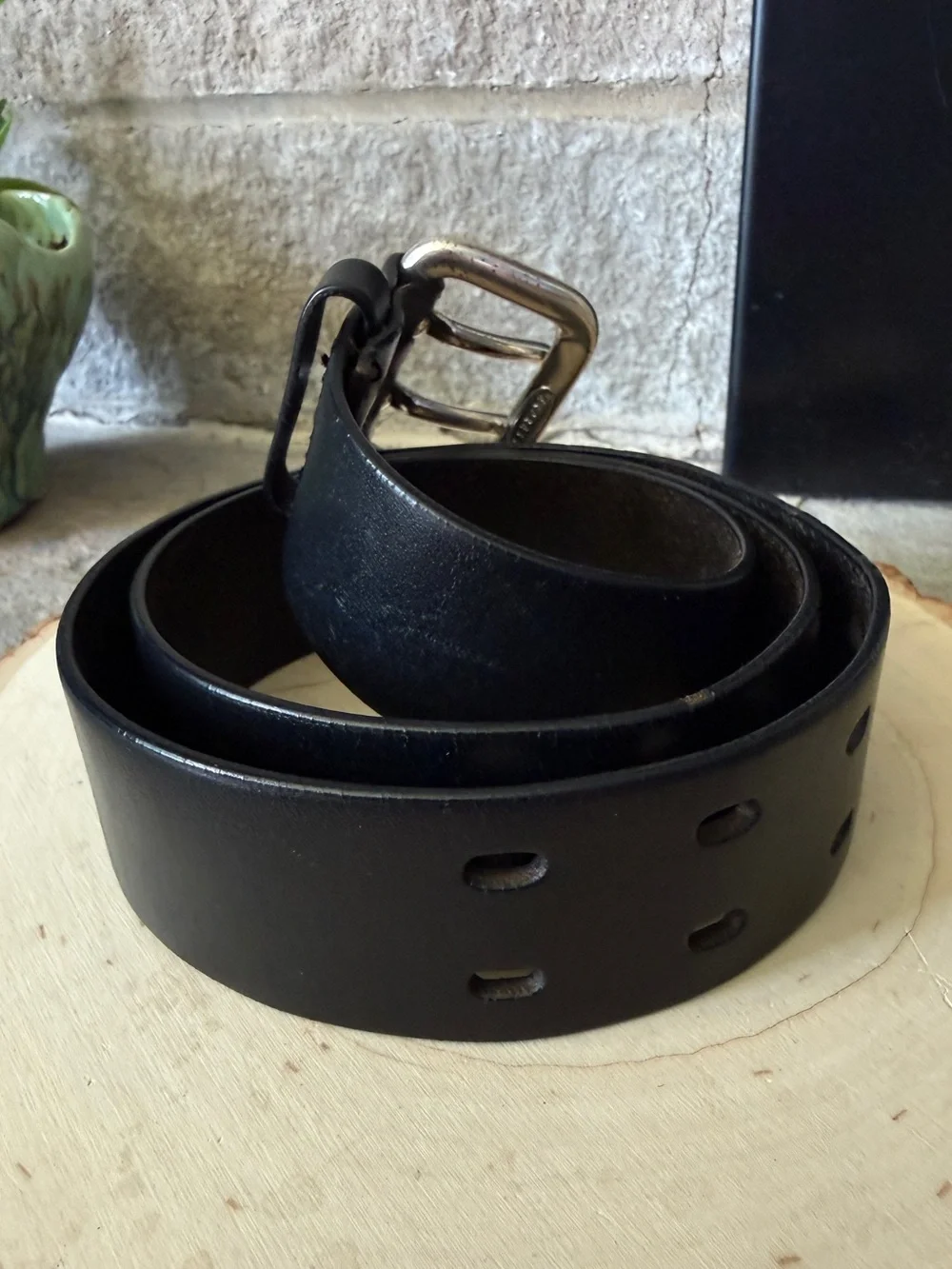 Express Black Leather Belt with Silver Double Prong Buckle Size S/30